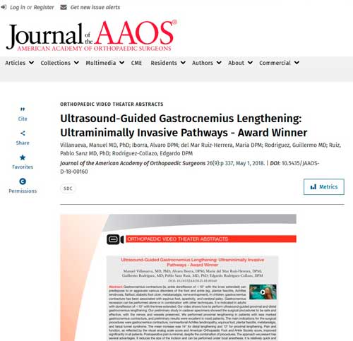Premio a nuestra técnica quirúrgica mínimamente invasiva del Tendón de Aquiles. Ultrasound-Guided Gastrocnemius Lengthening Ultraminimally Invasive Pathways - Award Winner